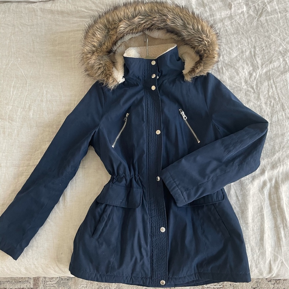 Nautica Navy Blue Hooded Parka with Faux Fur Trim